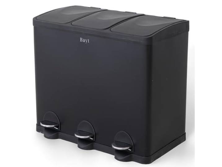 Bayt Mülleimer 60 L, Mülltrennsystem 3 Fächer je 20 L, Treteimer, Schwarz Abfalleimer für Küche und Büro, drei Fußpedale, herausnehmbare Inneneimer, Edelstahl matt, rutschfester Boden