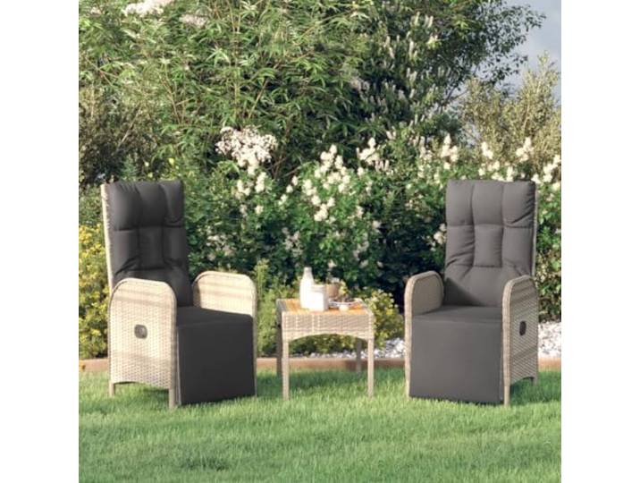 HPUYRFG Garten Relaxstühle 2 STK. mit Tisch Grau Polyrattan Liegefunktion, Akazienholz-Tischplatte, Kissen inklusive, wetterbeständig, pflegeleicht