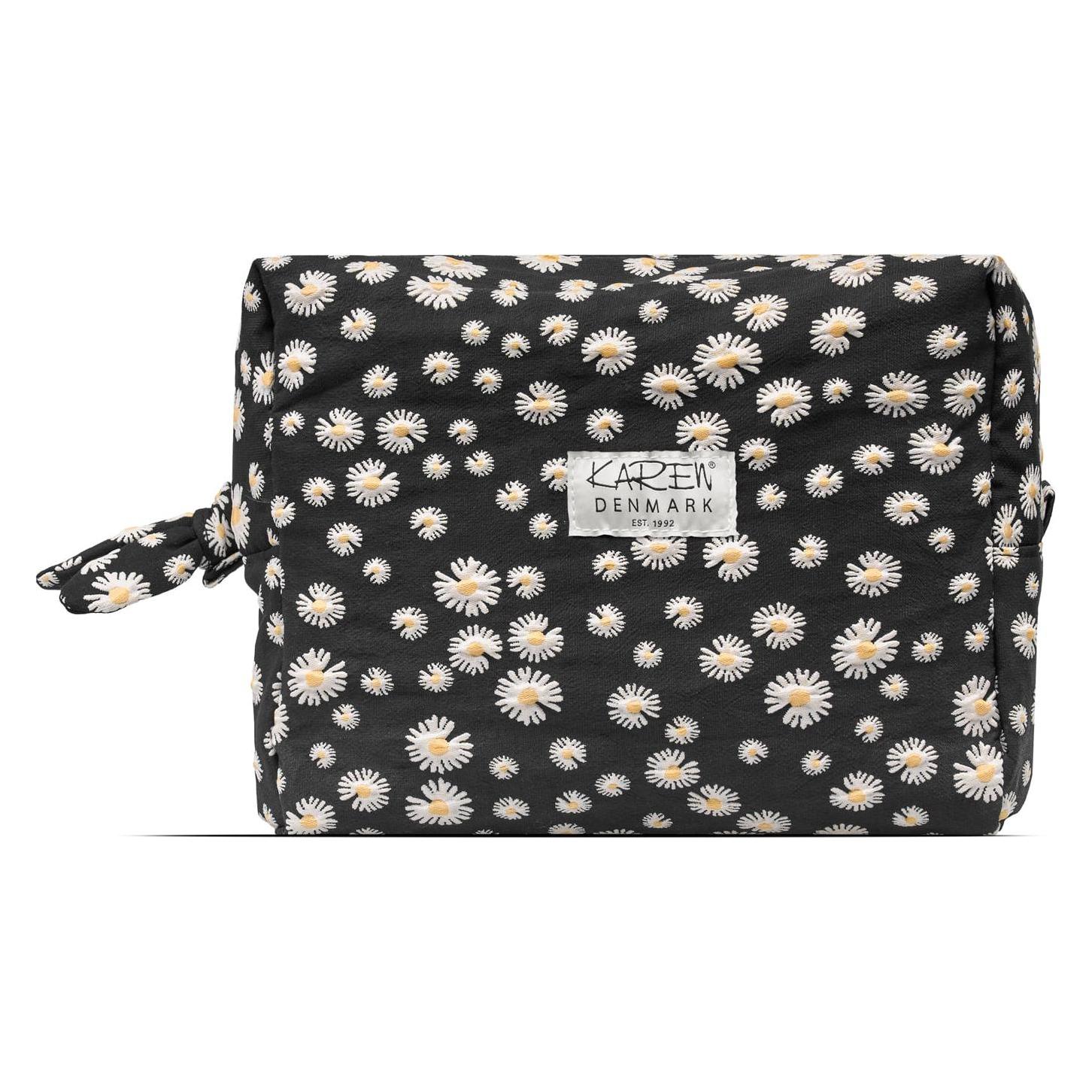 Karen - Large toiletry bag with embroidered daisies - Black - Large (10073-751)