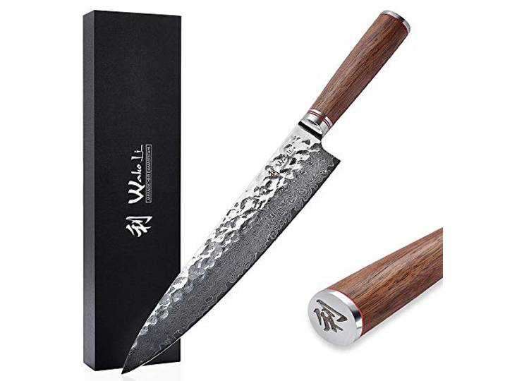 Wakoli Nussbaum Chefmesser 25 cm, Damastmesser aus 67 Lagen Damaststahl mit VG10 Kern, Küchenmesser mit Hammerschlag, Walnussholzgriff und Geschenkbox, für Profi und Hobbyköche