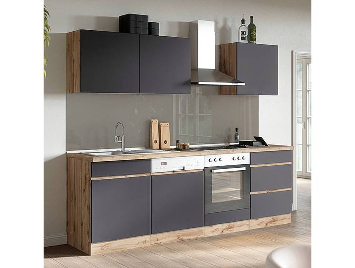 Küchenzeile Turin Kombi A 240cm Braun/Grau/Grau/Wotaneiche Dekor ohne Elektrogeräte