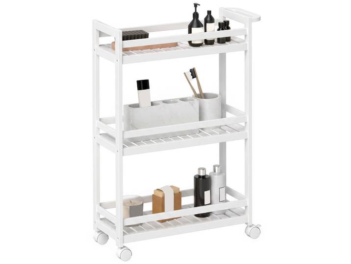 Homcom Rollwagen Bambus Weiß, Bambusholz, Echtholz,Bambus, 3 Fächer, 20x75x55 cm, Esszimmer, Servierwagen