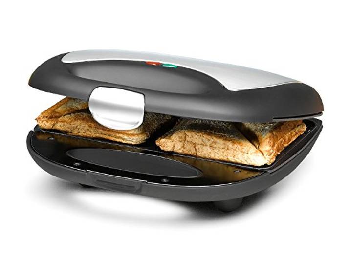 ROMMELSBACHER Sandwich Maker ST 710 - für 2 Sandwiches, 2-Lagen Antihaftbeschichtung, schnelles Aufheizen, wärmeisolierter Handgriff, platzsparende Aufbewahrung, schwarz/Edelstahl