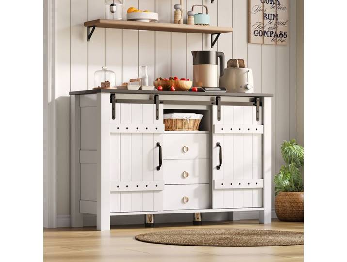Buffet Bas Enfilade avec 2 Portes Coulissantes et 3 Tiroirs Style Vintage pour Cuisine MDF 120×40×80 cm Blanc
