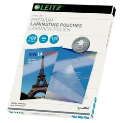 Leitz Heißlaminierfolien A4 100 mic,  Premium-Laminierfolien im 100er Pack, Glänzend, Transparent, Vereinfachtes Einlegen durch UDT, iLAM, 74800000