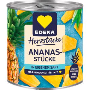 Edeka Obstkonserve Herzstücke Ananas in eigenem Saft, ohne Zuckerzusatz, vegan, Stücke in der Dose, 432 g