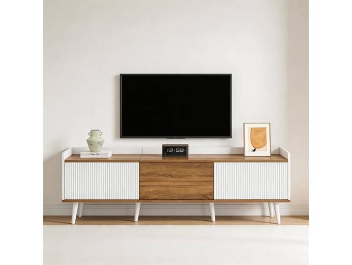 Meuble TV et Divertissement - Meuble TV 3 portes compact - Blanc et naturel - Pieds bois massif - Rebord anti-chute