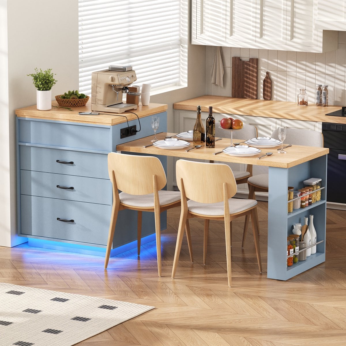 Merax Keukeneiland op wielen met uitschuifbare eettafel en LED-verlichting in het blauw
