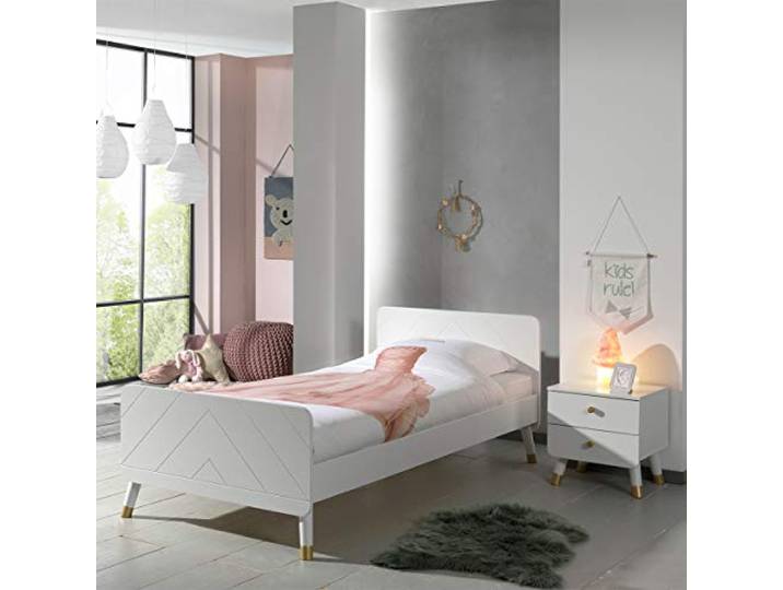 Vipack Billy Set Best. aus: Einzelbett 90 x 200 cm, mit Lattenrost und Nachtkonsole mit 2 Schubladen, Ausführung lackiert Satin Weiß Satin Weiß