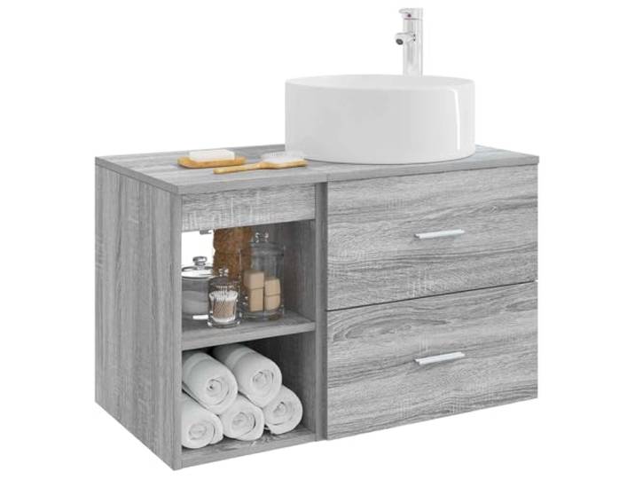 KTHLBRH Badezimmermöbel-Set Sonoma, 2-teilig, Grau Technisches Holz, Wandmontage, mit Waschbecken und Wasserhahn, 1 Einlegeboden, 1 Schublade