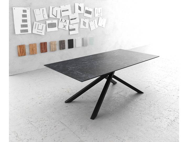 DELIFE Esstisch Edge 200x100cmKeramik Laminam®Nero Greco Anthrazit Mittelfuß Kreuz Schwarz, Esstische