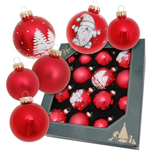 Krebs Glas Lauscha Kerstdecoratie Set - 16 stuks Rode kerstballen met winterlandschap en kabouter