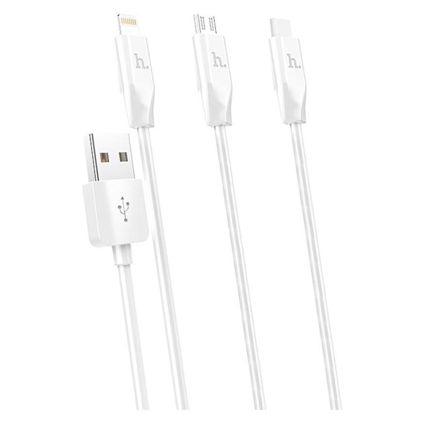 Hoco - Charging Cable 3in1 (X1) - USB-A to Lightning, Type-C, Micro-USB, 2.4A, 1.0m - White (1 m) (6957531032069)