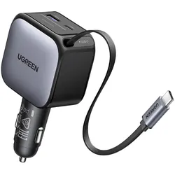 Ugreen 2-Port Fast Charger 90W- Retractable Cable, Auto Adapter, Grau