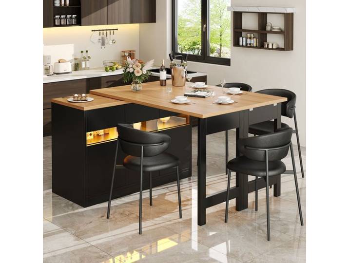 Table de bar extensible îlot de cuisine avec rangements et éclairage LED pivotant à 360°