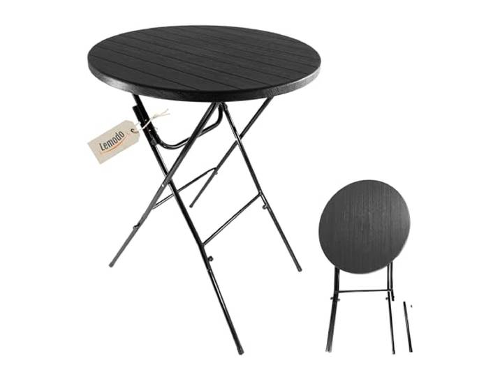 Lemodo Stehtisch klappbar 80 cm (Höhe 110 cm, bis 50 kg belastbar) schwarz Holz-Optik – mit Kunststoff-Tischplatte & Stahlgestell, abnehmbare Beine, platzsparend für Gartenparty, Hochzeit & Balkon