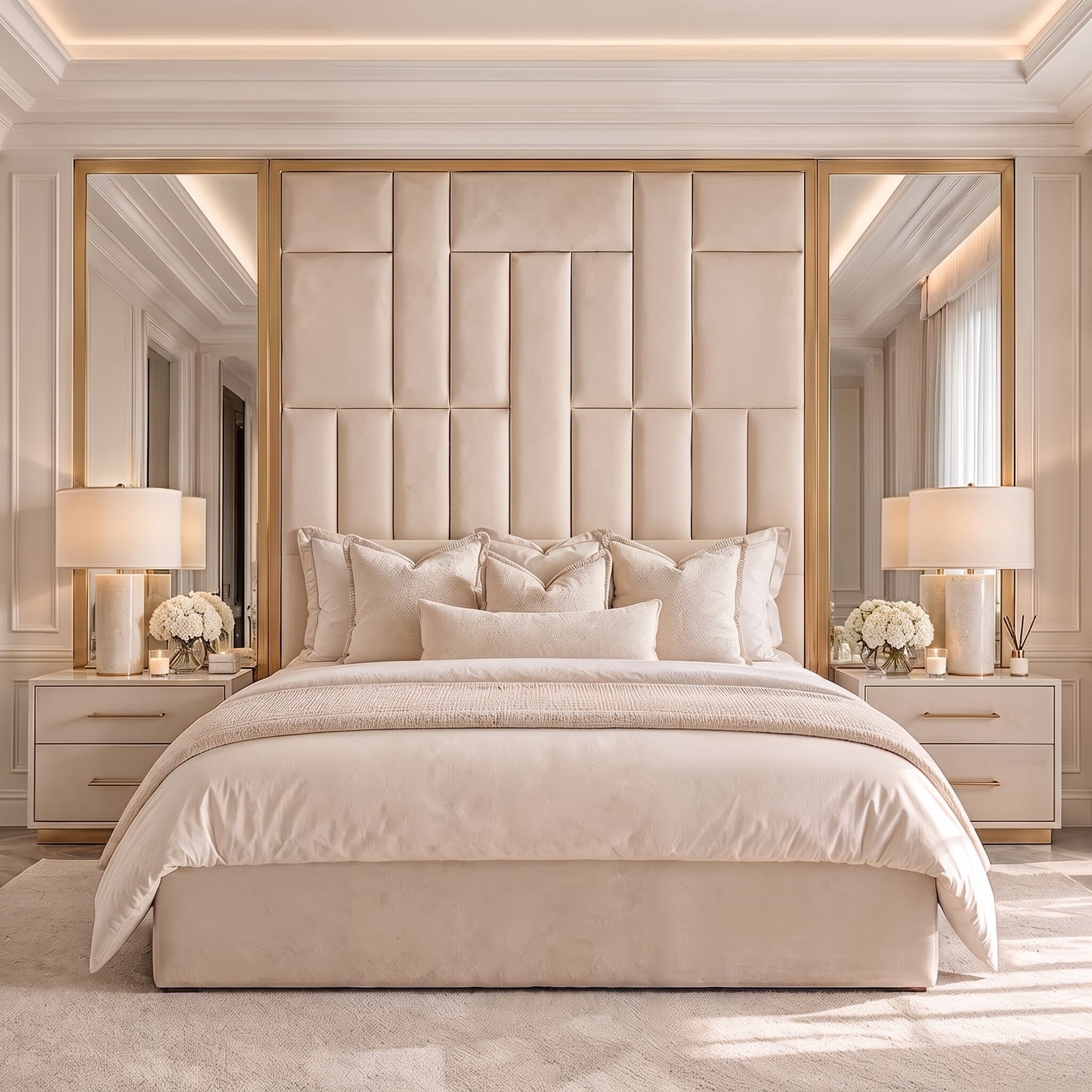 Kensington Cream & Gold Premium Abstract Headboard with Natural Mirrored Wings, King