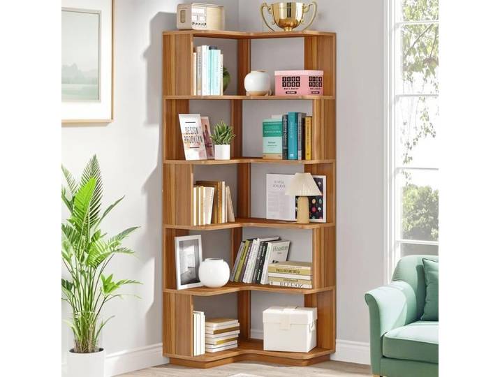 TOPESCT Bibliothèque d'angle à 6 niveaux - étagère d'angle Industrielle étagère de Rangement Bibliothèque 165cm Grain de bois
