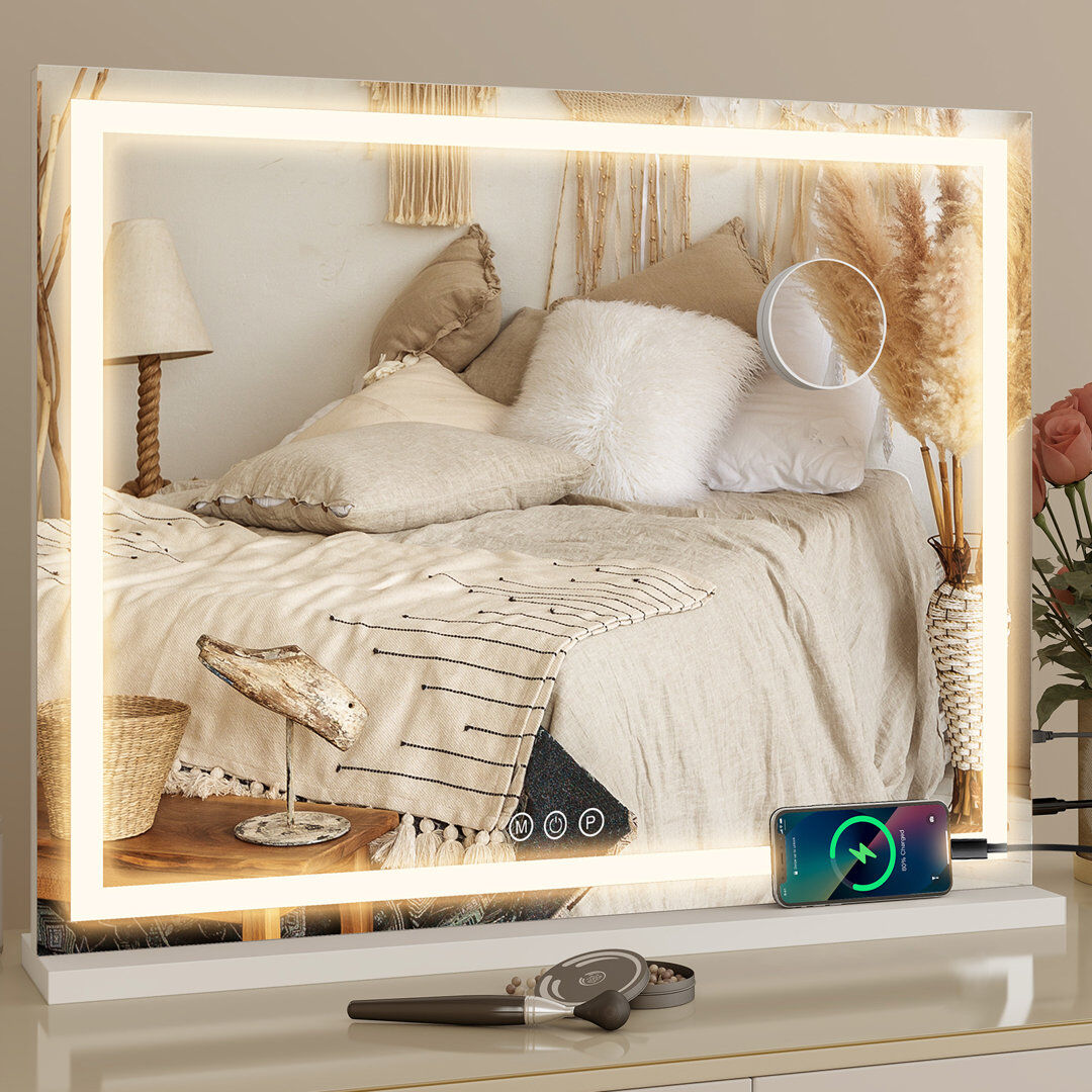Metro Makeup Mirror with 3 Color Lights, Large Lighted Vanity Mirror with Light Strip and Charging White 55cm x 70cm
