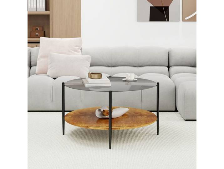 Table basse - WESTYLE - 82x45 cm - Plateau verre noir fumé - Étage inférieur bois - Structure acier noir