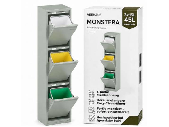VEEHAUS Küchen Mülltrennsystem, Metall Müllschrank, 3 Klappfächer 3 x 15 L Freistehend & vormontiert, 3 einzeln öffenbare Klappen, Magnetische Außenfläche, Herausnehmbare Eimer, 45L, Grün