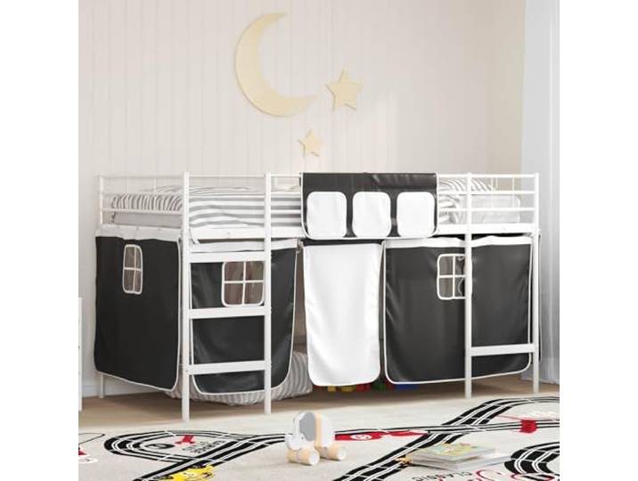 RJPLMFV Hochbett für Kinder mit Vorhängen Metall, Pulverbeschichtung, Kopfteil zur Wandmontage, feste Latten, einfache Reinigung