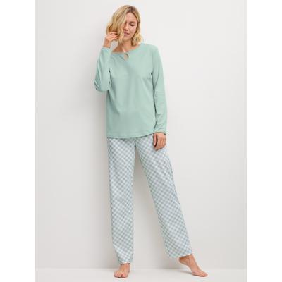 Schlafanzug CALIDA "Sweet Dreams", Damen, Gr. M (44/46), grün (light aqua), Interlock, Obermaterial: 100% Baumwolle, bequem lang, Rundhals, Homewear-Sets Schlafanzug, lockere Passform, Rundhals, Interlock-Qualität, Langarm, weich