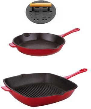 BergHOFF Neo 3pc Cast Iron Fry Pan & Grill Pan Set with Slotted Steak Press, Oyster