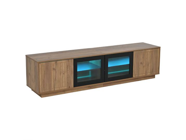 Meuble tv effet bois naturel & noir et vitrine avec led 4 portes