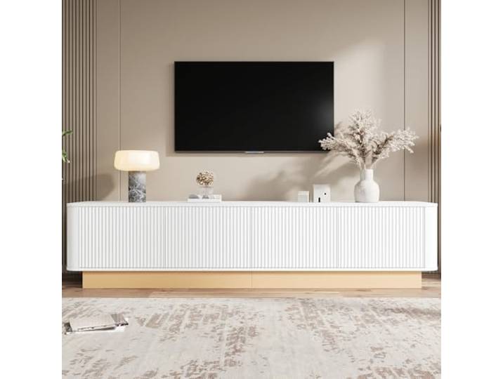 Merax TV-Lowboard 200x40x47,5cm mit geriffelten Türen & 4-türigem Stauraum, höhenverstellbare Fächer, abgerundete Ecken, MDF-Material, Moderne Medienkommode für Wohnzimmer, Weiß