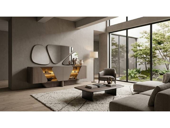 JVmoebel Sideboard Sideboard mit Spiegel Grau Holz Glas Modern Stauraum Einfarbig Design (2 St., 2-tlg)
