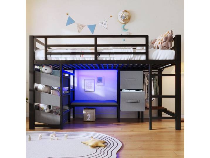 Lit mezzanine 90x200cm lit mi-haut en métal avec coussin Lit enfant tiroir en tissu lit simple lampe LED tringle à vêtements blanc