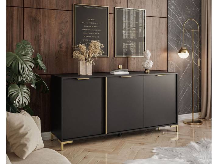 LARETTO dreitürige Kommode 153 cm 3D anthrazit goldene Beine