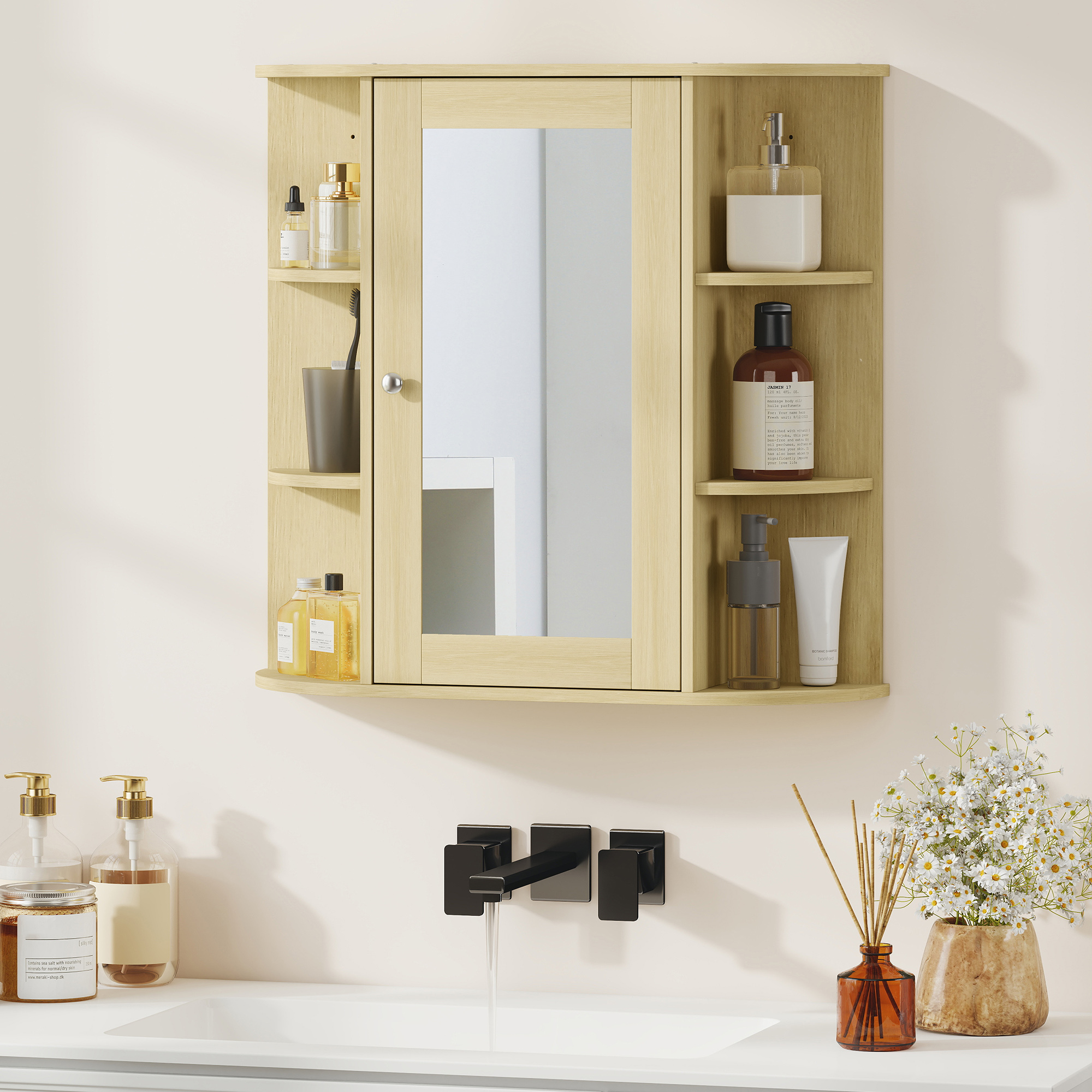 Homcom Armadio da Bagno con Specchio Armadio da Parete con Ripiani Aperti 66x17x63 cm Naturale   Aosom Italy