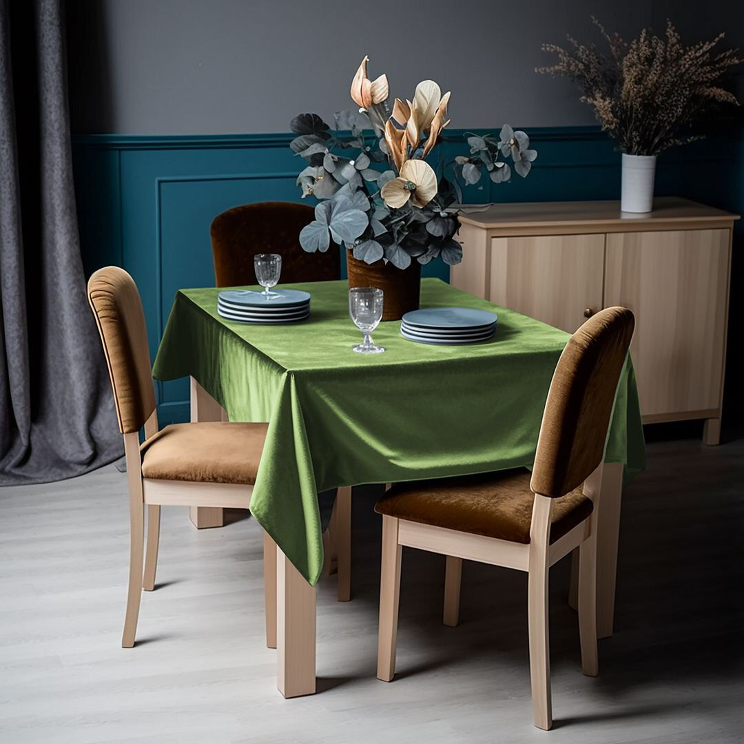 Lilijan Home & Curtain Matte Velvet Square Tablecloth Olive 132cm W x 264cm L