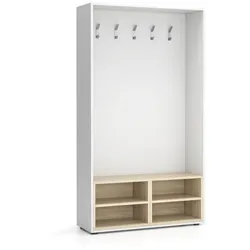 Garderobenwand BORDER mit Schuhschrank, 5 Kleiderhaken, Weiß/Eiche natur