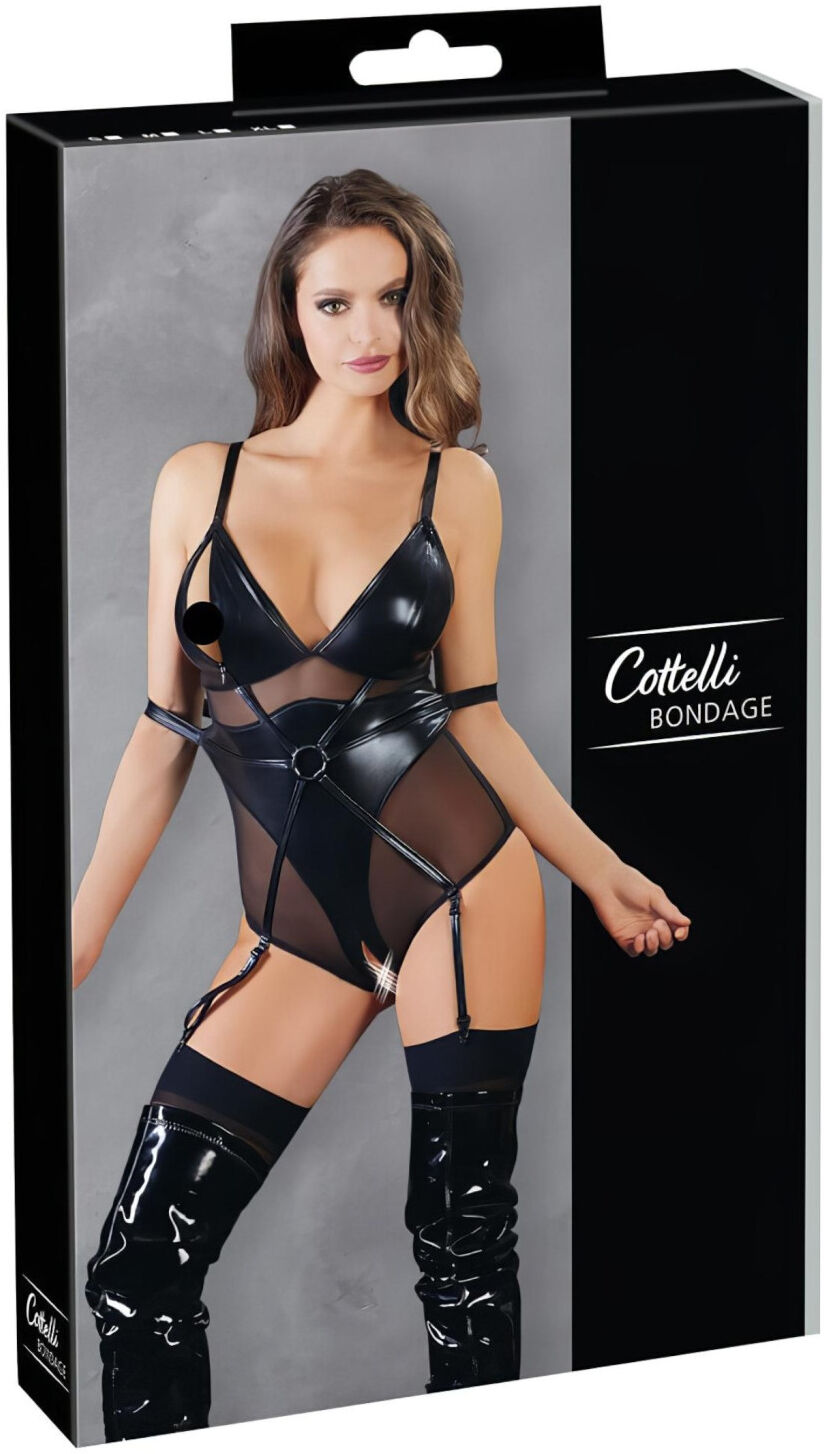 Cottelli Bondage - Shiny Black Bodysuit with Cuffs - L