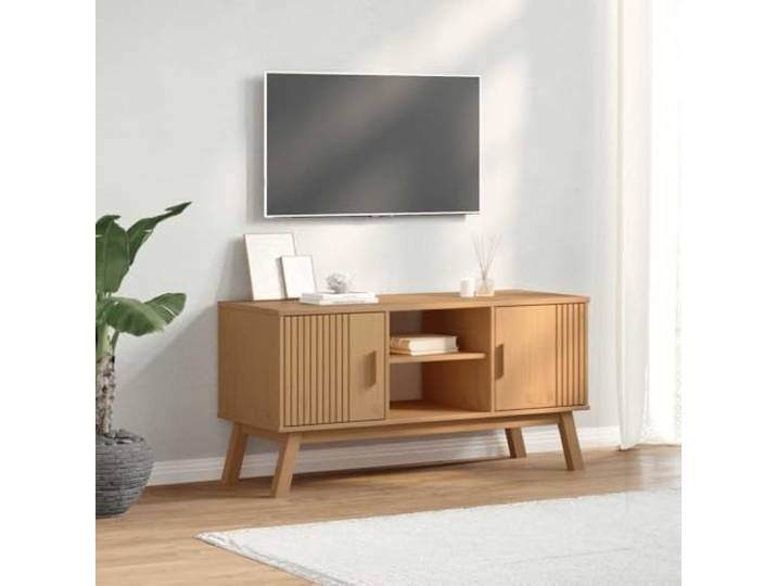 HEFZGDB TV-Schrank Olden Braun 114x43x57 cm Massivholz Kiefer mit viel Stauraum und Holzbeinen, robuster Fernsehschrank im skandinavischen Design für eine harmonische