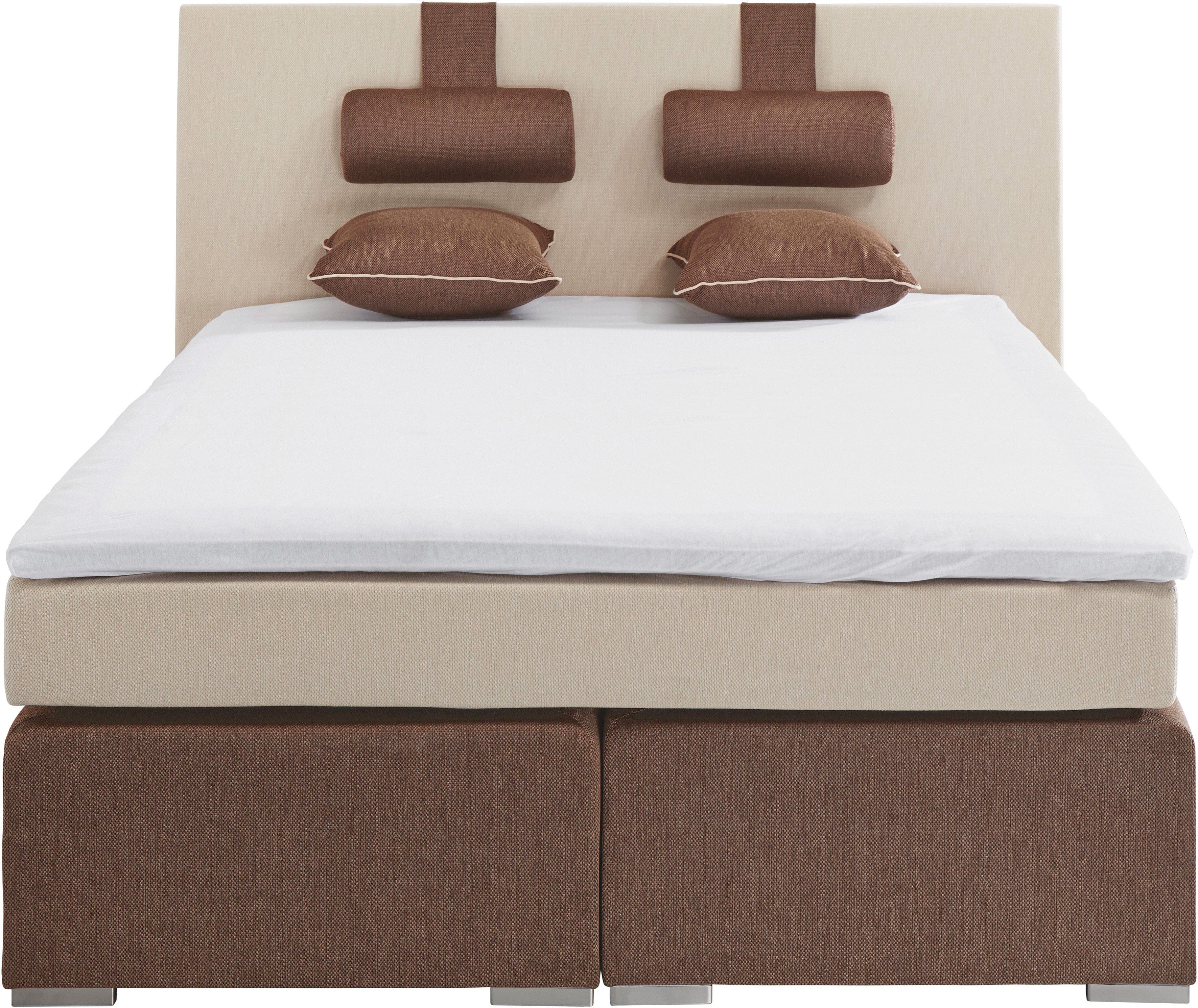 Boxspringbett "Rick", braun (2 (=braun, beige)), Liegefläche B/L: 180cm x 200cm, kein Härtegrad, Bonnell-Federkernmatratze, Das Kopfteil, die Obermatratze, die untere Box, die Nackenkissen und der Topper des Schlafzimmermöbels sind mit Strukturstoff (65% 