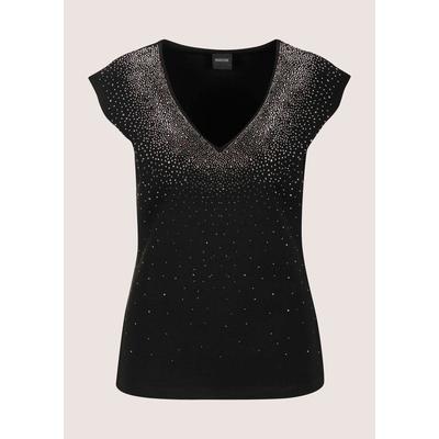 Kurzarmshirt MADELEINE "Shirt Elegantes Shirt mit V-Ausschnitt, ärmellos", Damen, Gr. 38, schwarz, Obermaterial: 70% Viskose CV. 20% Polyester PES. 10% Elasthan EL., Modern, tailliert, V-Ausschnitt, Shirts, Strass-Dekoration