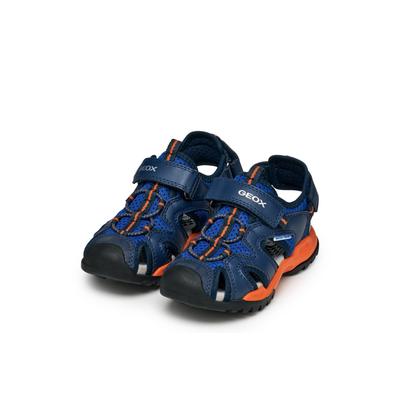 Sandale GEOX "J BOREALIS BOY", Mädchen, Gr. 34, Textil, blau (blau, orange), Lederimitat, Textil, Mesh, Basic, Schuhe Sandale, Kinderschuh mit Zehenschutz, Größenschablone zum Download