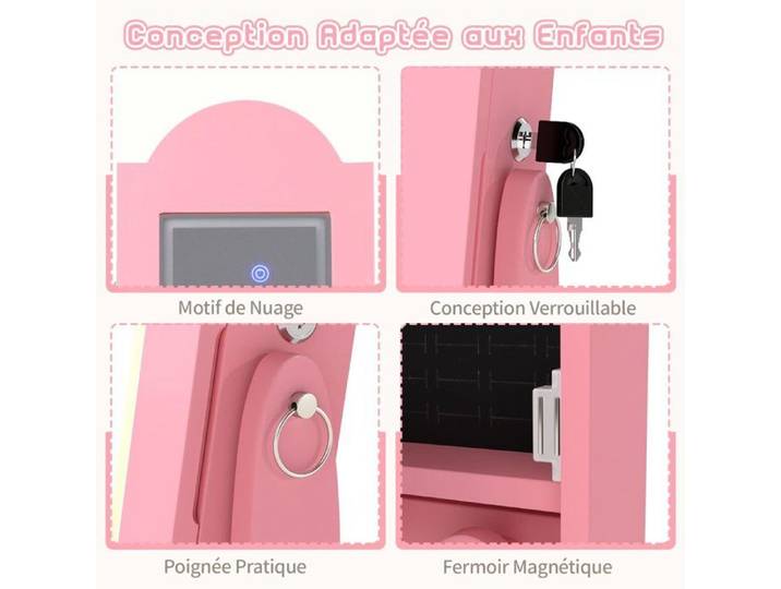 Miroir pleine longueur LED 3 couleurs armoire à bijoux enfant rose rangement bijoux et accessoires dès 3 ans