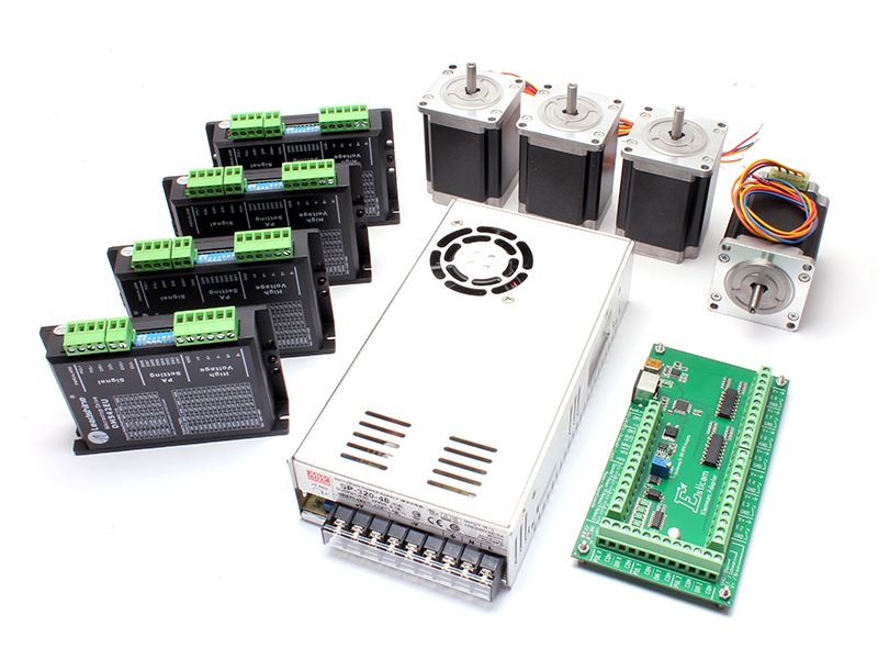 SET: EstlCAM Steuerung mit 4 Schrittmotortreibern DM542EU, 4 Schrittmotoren NEMA23/1,65Nm und 48V Netzteil