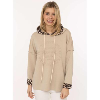 Hoodie ZWILLINGSHERZ "Leo & Uni", Damen, Gr. S/M, beige, Obermaterial: 100% Polyacryl, lässig geschnitten hüftbedeckend, ohne Ausschnitt, Sweatshirts Hoodie, Leo-Muster an Kapuze und Ärmelumschlag, Stempeldruck