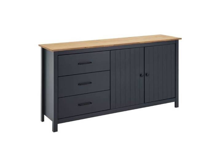 TINA - Buffet Bas 2 Portes 3 Tiroirs Bois Ciré coloris Bleu Pétrole