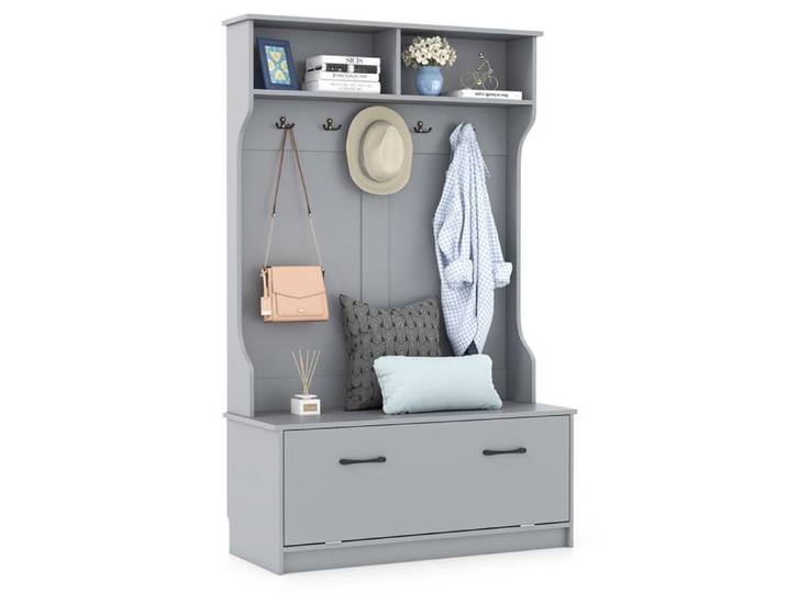 GOPLUS Portemanteaux pour Entrée Meuble Entrée avec Banc Armoire de rangement 5 Crochets Doubles 100X40X160CM Gris