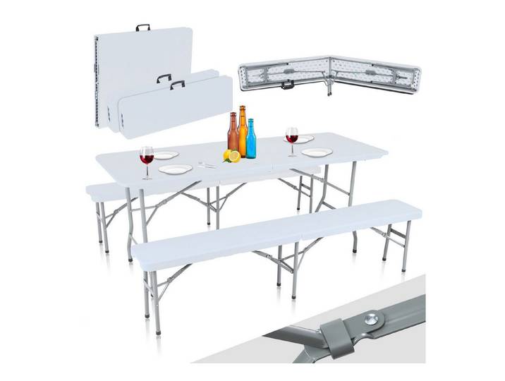 Strattore Garten-Essgruppe Buffettisch Bierzeltgarnitur klappbar Tisch und 2 Bänke - Weiß