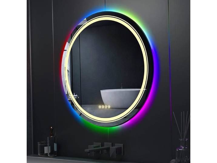 LUVODI Miroir de Salle Bain Lumineux LED Rond RGB avec Anti buee Miroir Mural Multicolore 9 Mode d'Eclairage - 80cm