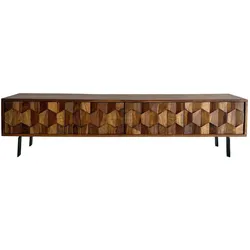 FineBuy, TV Möbel, Lowboard TV Board Sheesham Massivholz 160 cm 3D Fronten & Metallbeine (160 x 35 x 40 cm)