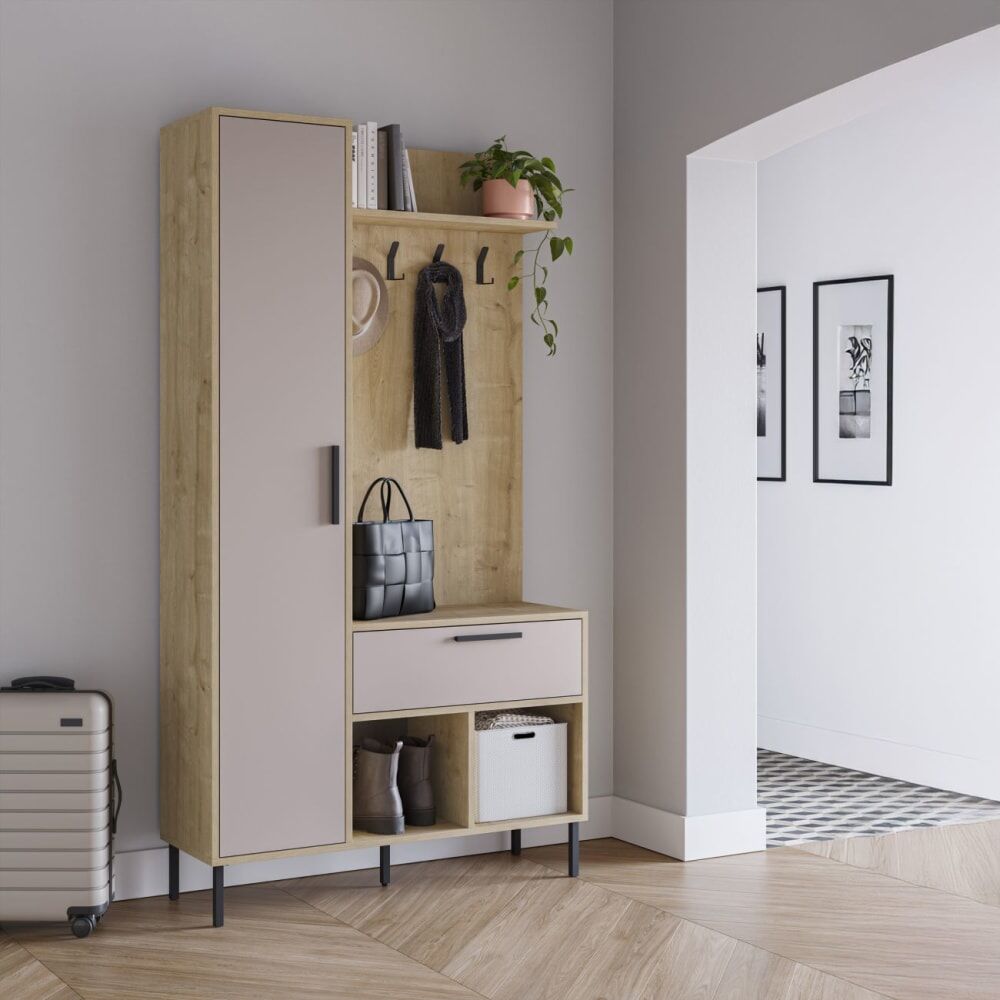 duehome Mueble recibidor con armario y perchero 108 cm melamina roble beige